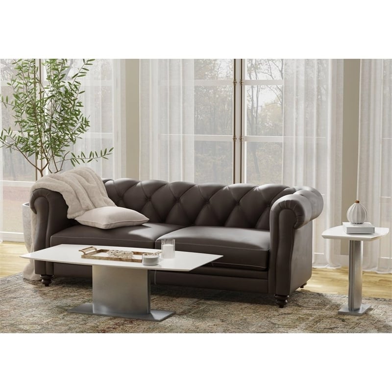 Pemberly Row Coffee Table with White Marble TOP and Stainless Steel Base