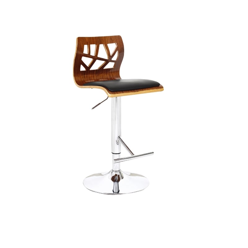 Pemberly Row Walnut Wood Bar Stool with Black Polyurethane Cushion