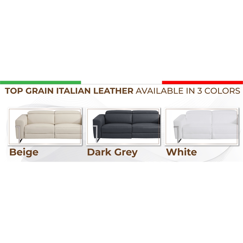 Pemberly Row Italian Leather Sofa with Power Recliner in Beige