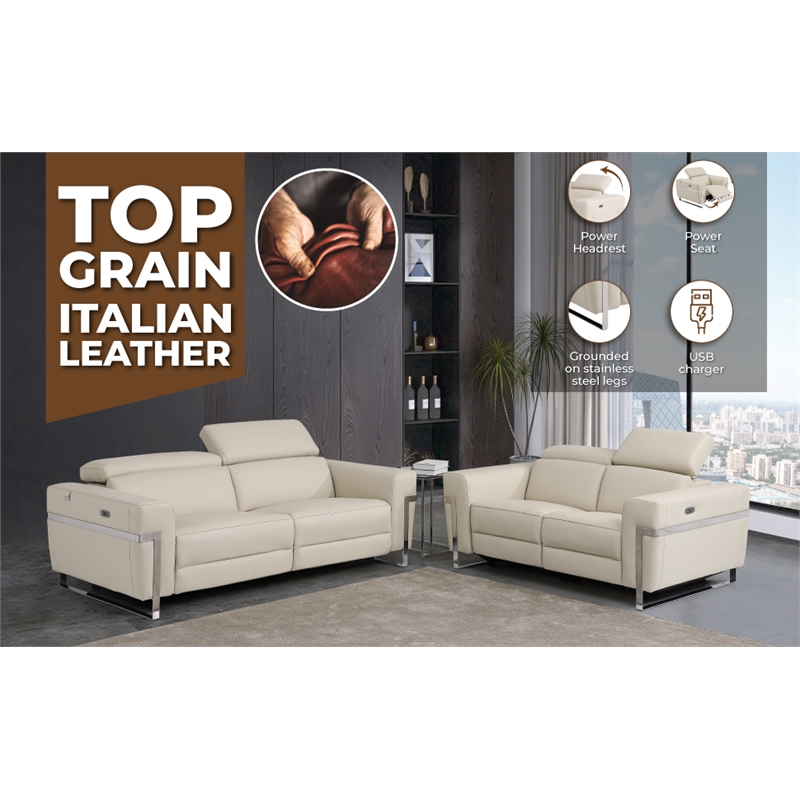 Pemberly Row Italian Leather Sofa with Power Recliner in Beige