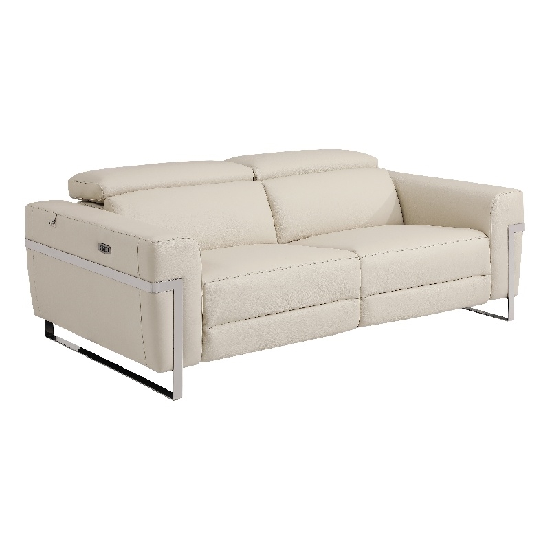 Pemberly Row Italian Leather Sofa with Power Recliner in Beige