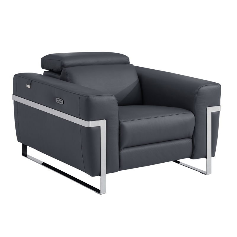 Pemberly Row Italian Leather Sofa Set with Power Recliner in Dark Gray