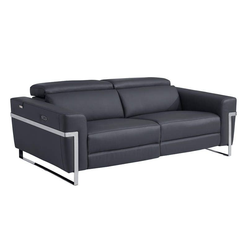 Pemberly Row Italian Leather Sofa Set with Power Recliner in Dark Gray