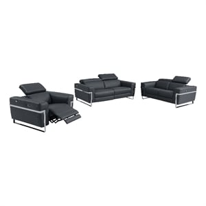 Pemberly Row Italian Leather Sofa Set with Power Recliner in Dark Gray