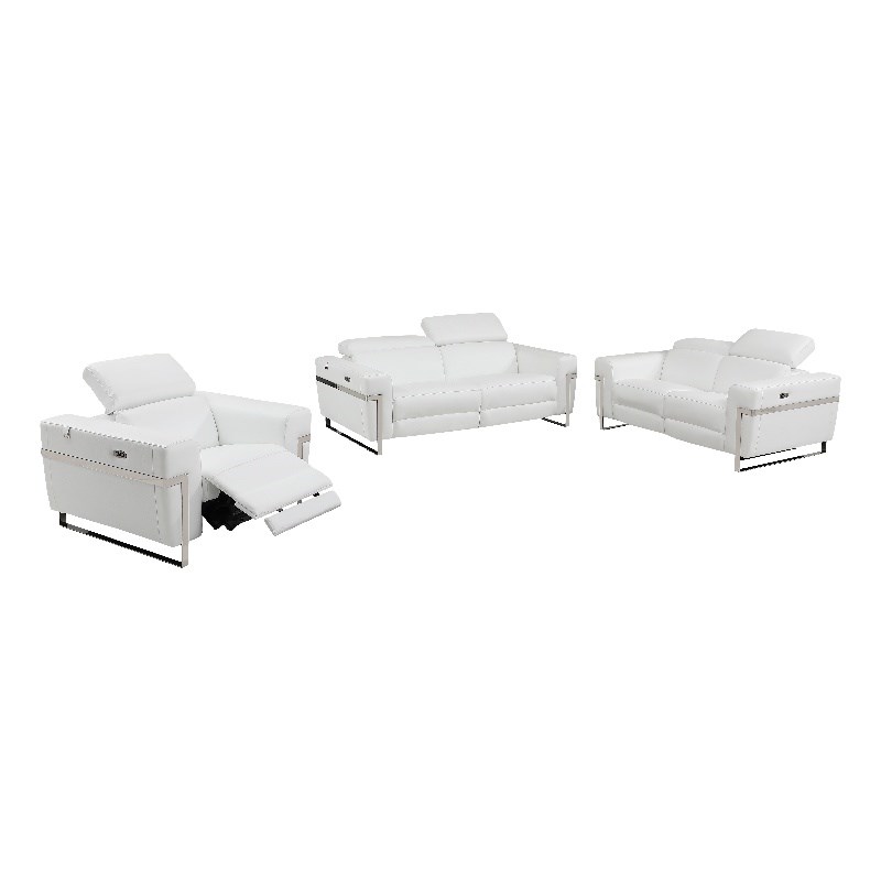 Pemberly Row Italian Leather Sofa Set with Power Recliner in White
