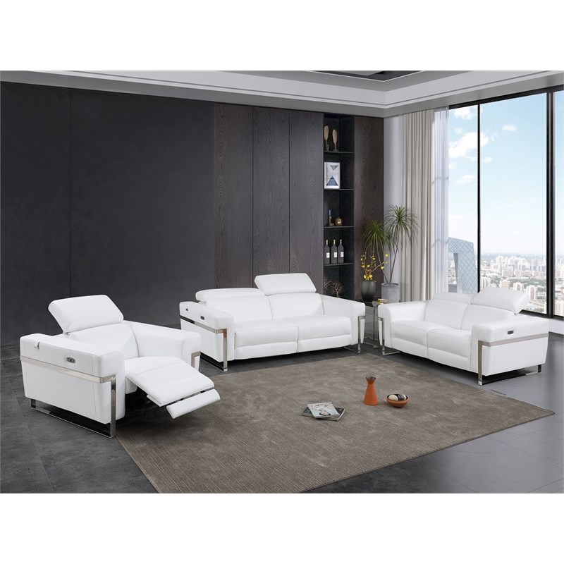 Pemberly Row Italian Leather Sofa Set with Power Recliner in White