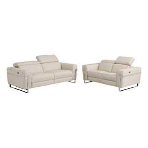 Pemberly Row Italian Leather Sofa and Loveseat with Power Recliner in Beige