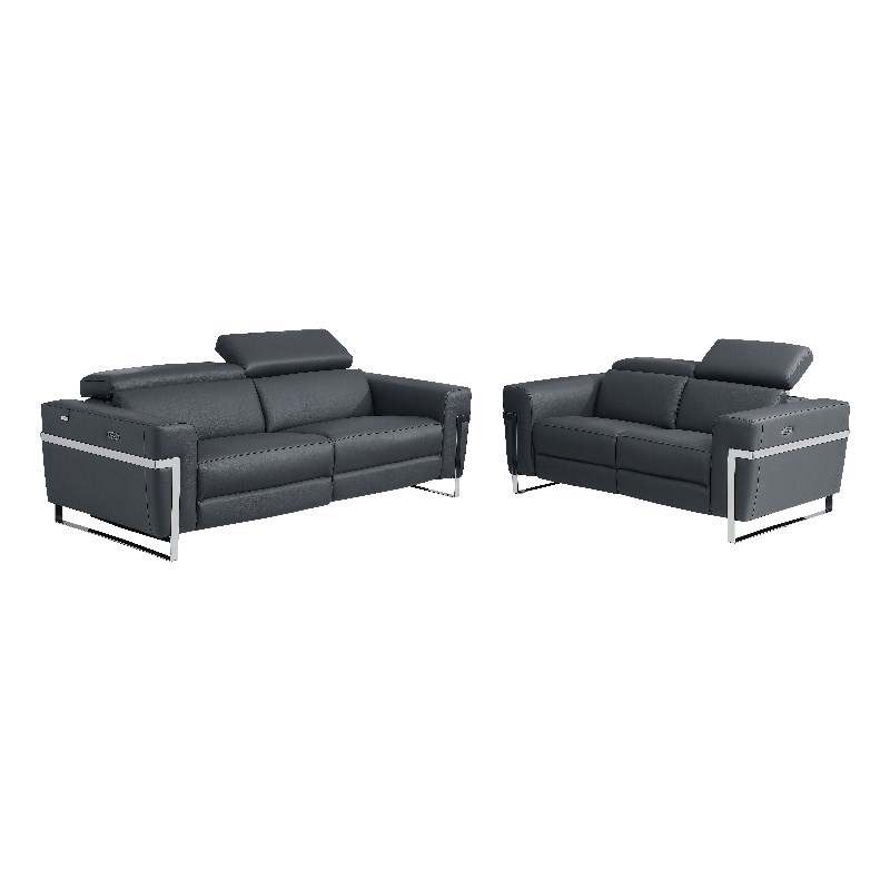 Pemberly Row Italian Leather Sofa and Loveseat Power Recliner in DK Gray