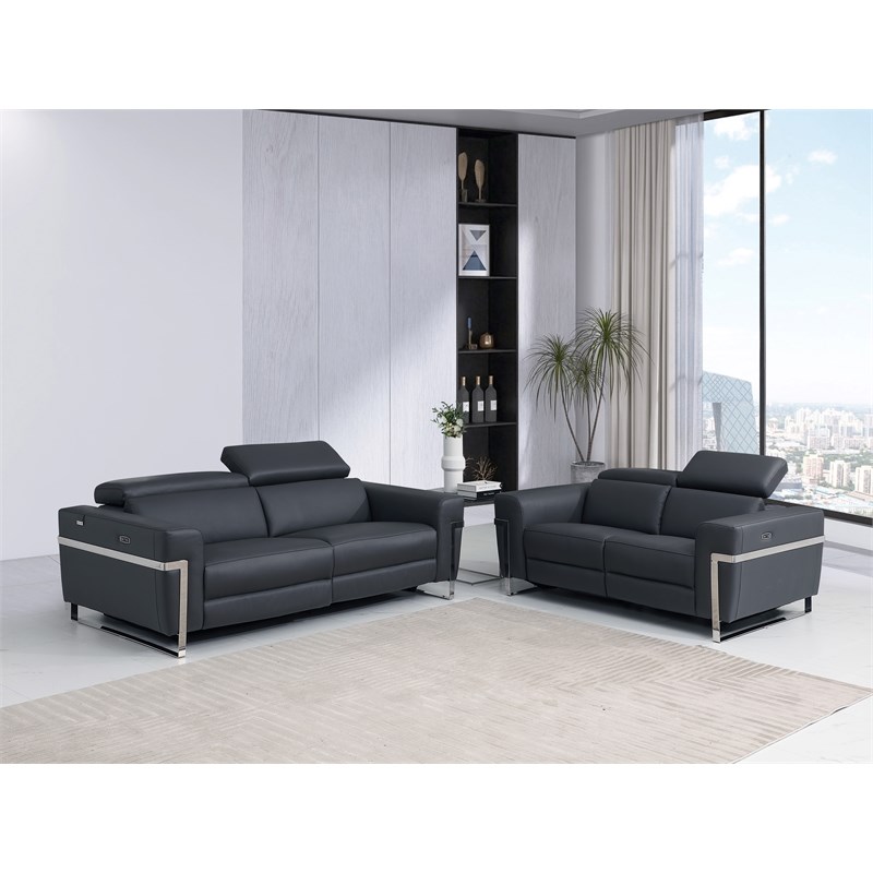 Pemberly Row Italian Leather Sofa and Loveseat Power Recliner in DK Gray