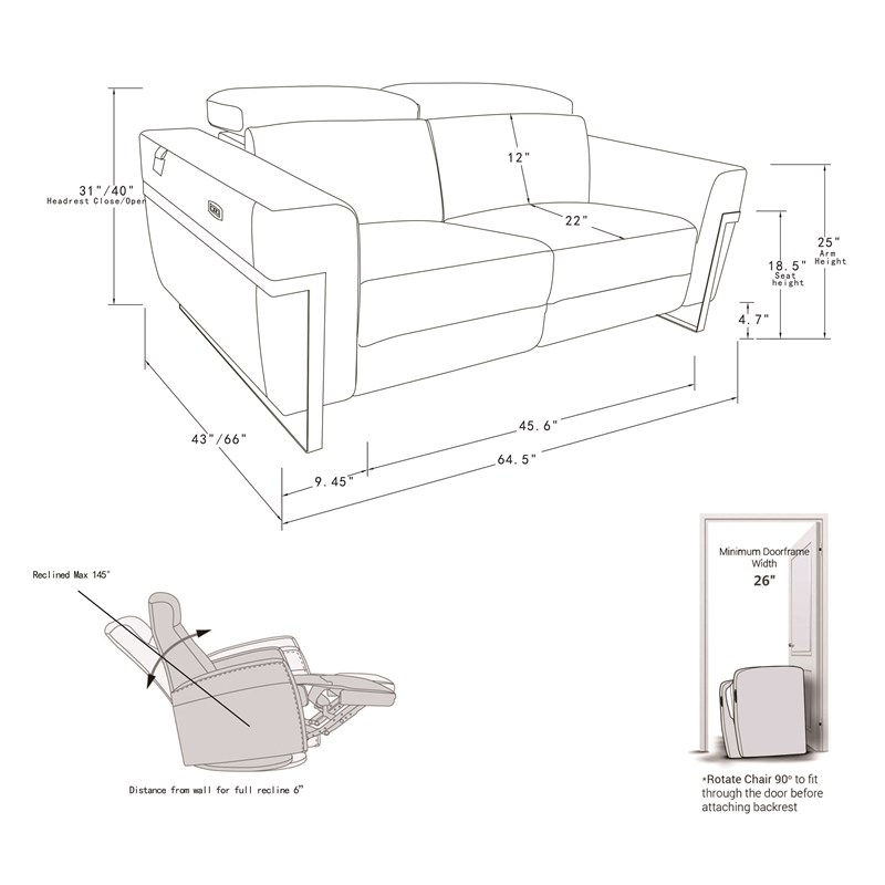 Pemberly Row Italian Leather Sofa and Loveseat Power Recliner in DK Gray