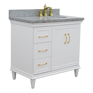 Pemberly Row 37&quot Single Wood Vanity White Gray Granite Oval Right Door & Sink