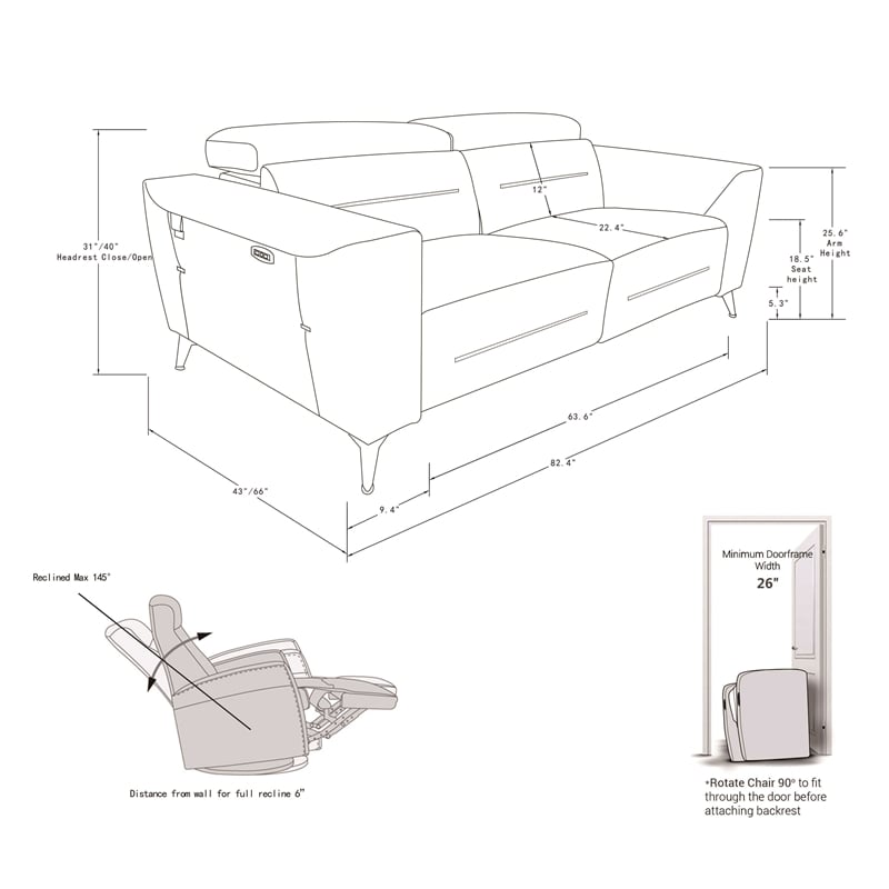 Pemberly Row Italian Leather Sofa with Power Recliner in Dark Gray