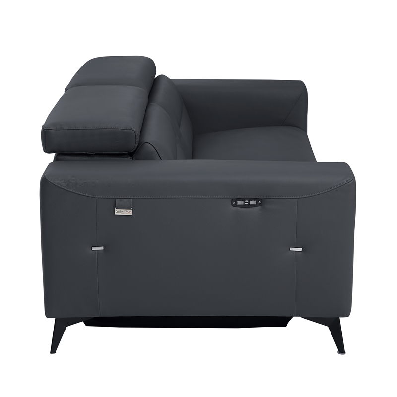 Pemberly Row Italian Leather Sofa with Power Recliner in Dark Gray