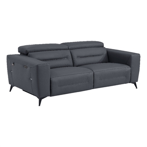Pemberly Row Italian Leather Sofa with Power Recliner in Dark Gray