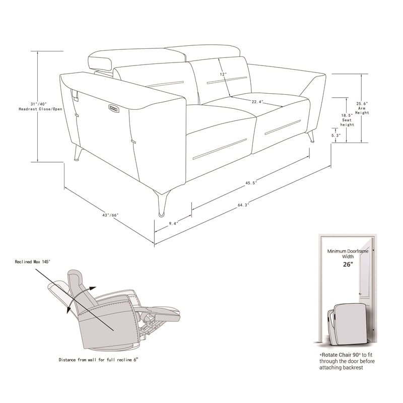 Pemberly Row Italian Leather Loveseat with Power Recliner in Dark Gray