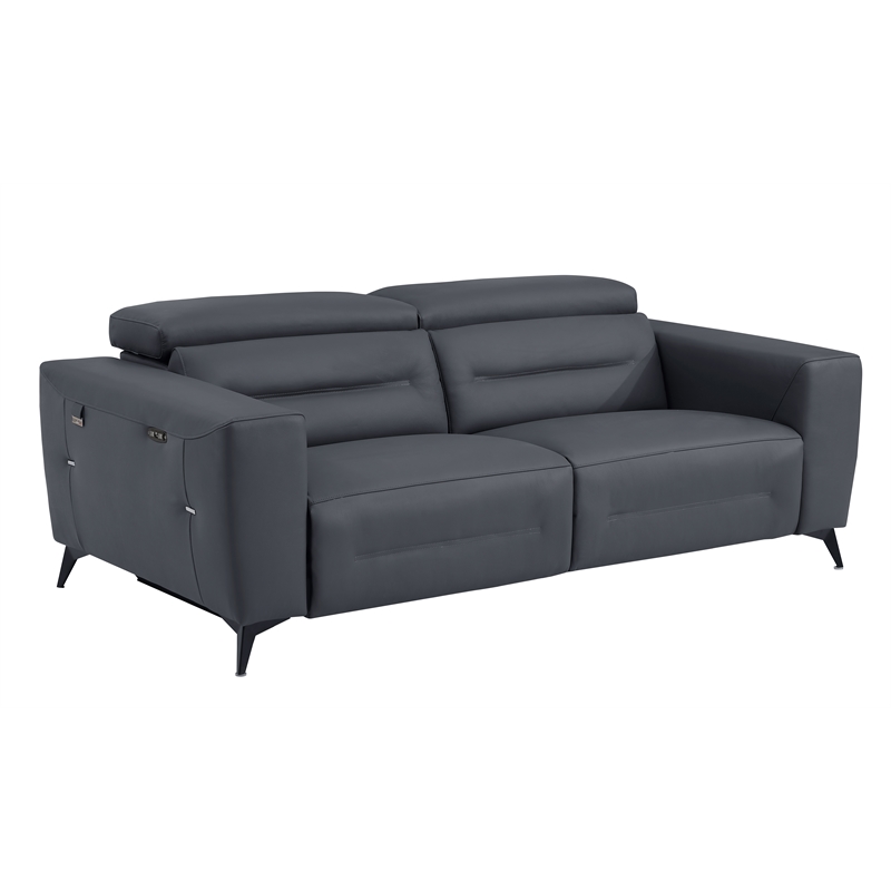 Pemberly Row Italian Leather Sofa Set with Power Recliner in Dark Gray