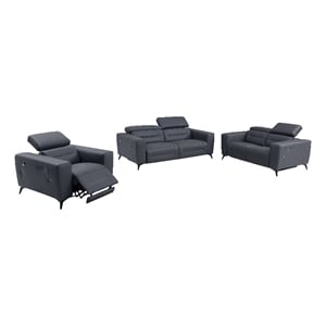 Pemberly Row Italian Leather Sofa Set with Power Recliner in Dark Gray