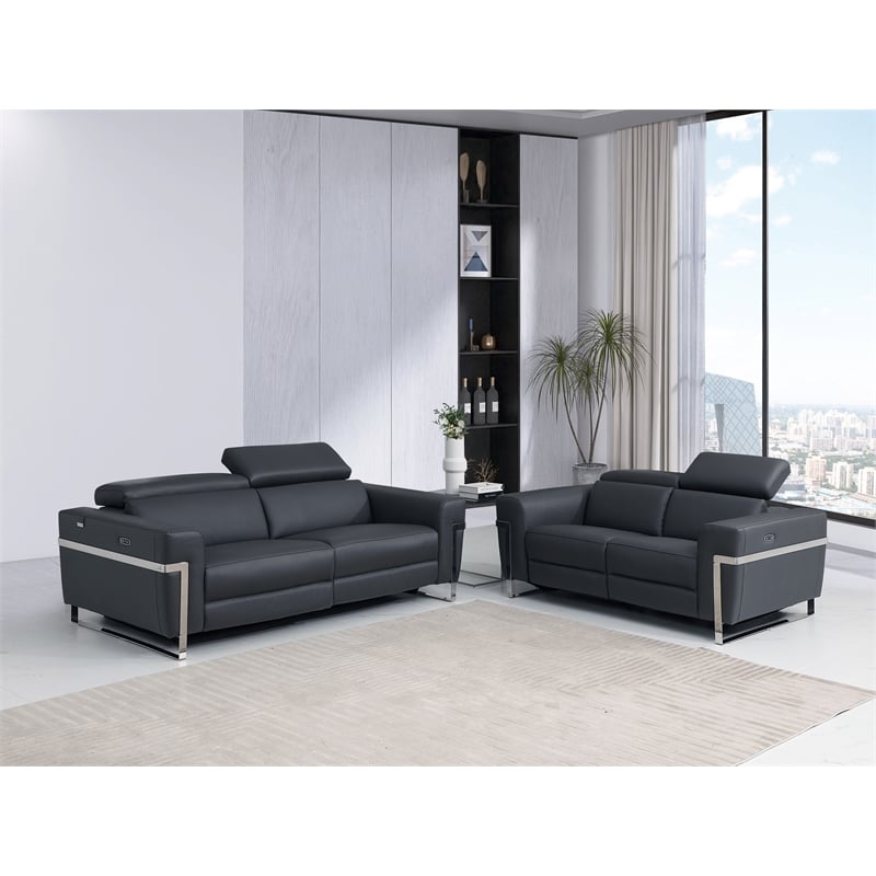 Pemberly Row Italian Sofa and Loveseat with Power Recliner in Dark Gray