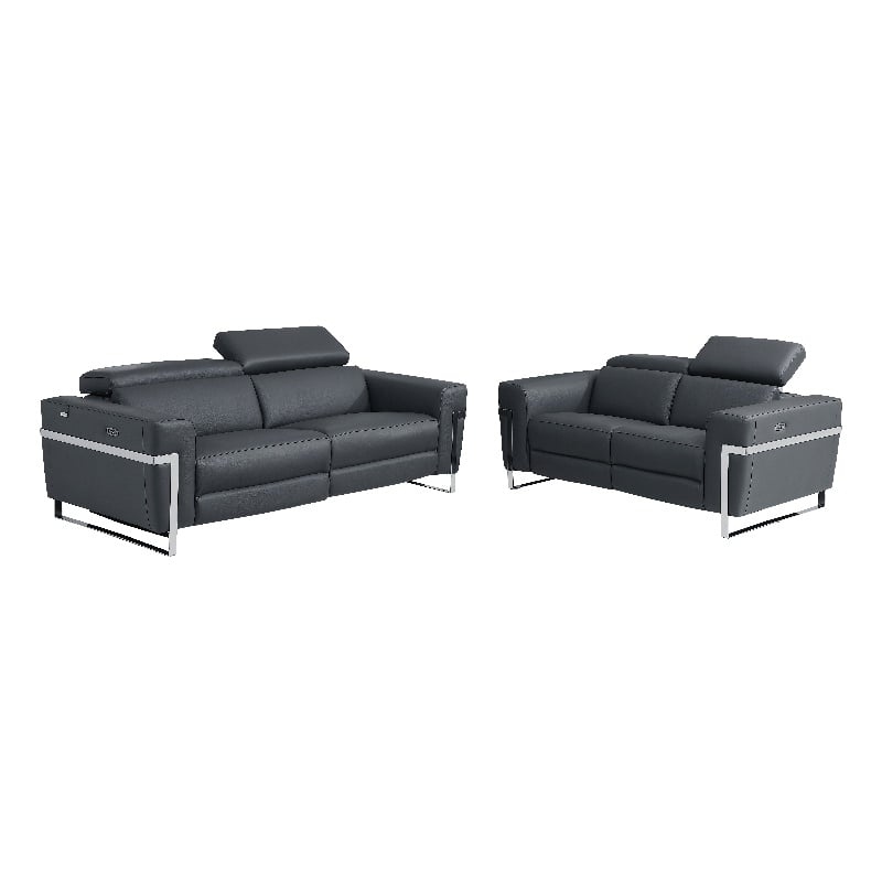 Pemberly Row Italian Sofa and Loveseat with Power Recliner in Dark Gray