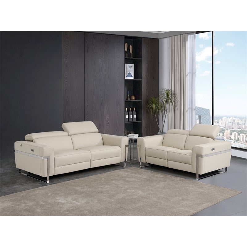 Pemberly Row Italian Sofa and Loveseat with Power Recliner in Beige