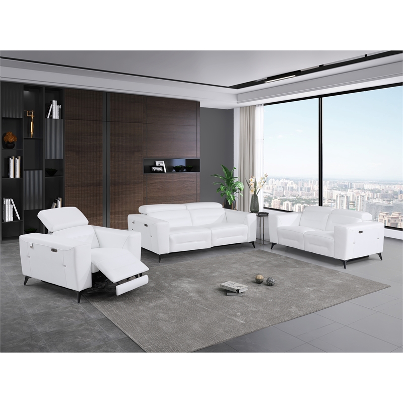 Pemberly Row Italian Leather Sofa Set with Power Recliner in White