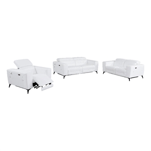 Pemberly Row Italian Leather Sofa Set with Power Recliner in White