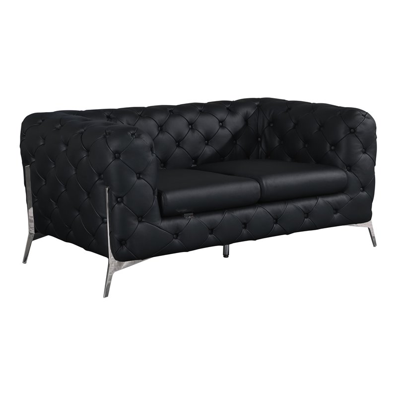 Pemberly Row Modern Genuine Italian Leather Upholstered Loveseat in Black
