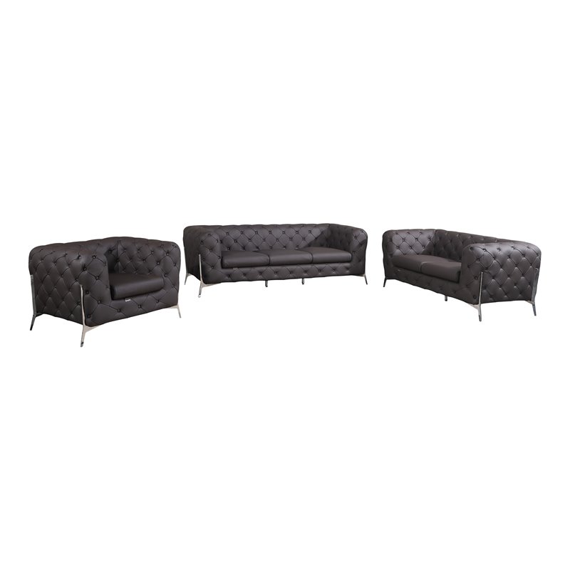 Pemberly Row 3-Piece Genuine Italian Leather Upholstered Sofa Set in Brown