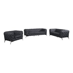 Pemberly Row 3-Piece Genuine Italian Leather Upholstered Sofa Set in Gray