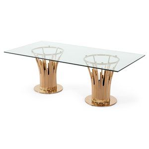 Pemberly Row 87&quot Modern Glass & Steel Dining Table in Clear/Rose Gold