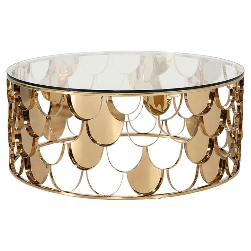 Pemberly Row Round Modern Metal & Glass Coffee Table in Gold & Clear