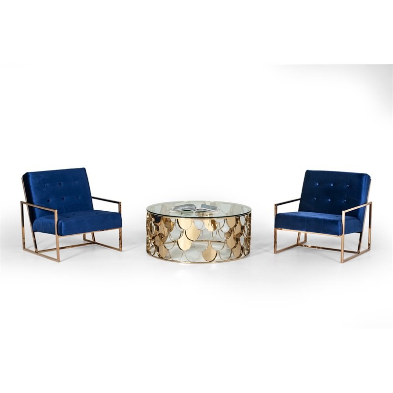 Pemberly Row Round Modern Metal & Glass Coffee Table in Gold & Clear