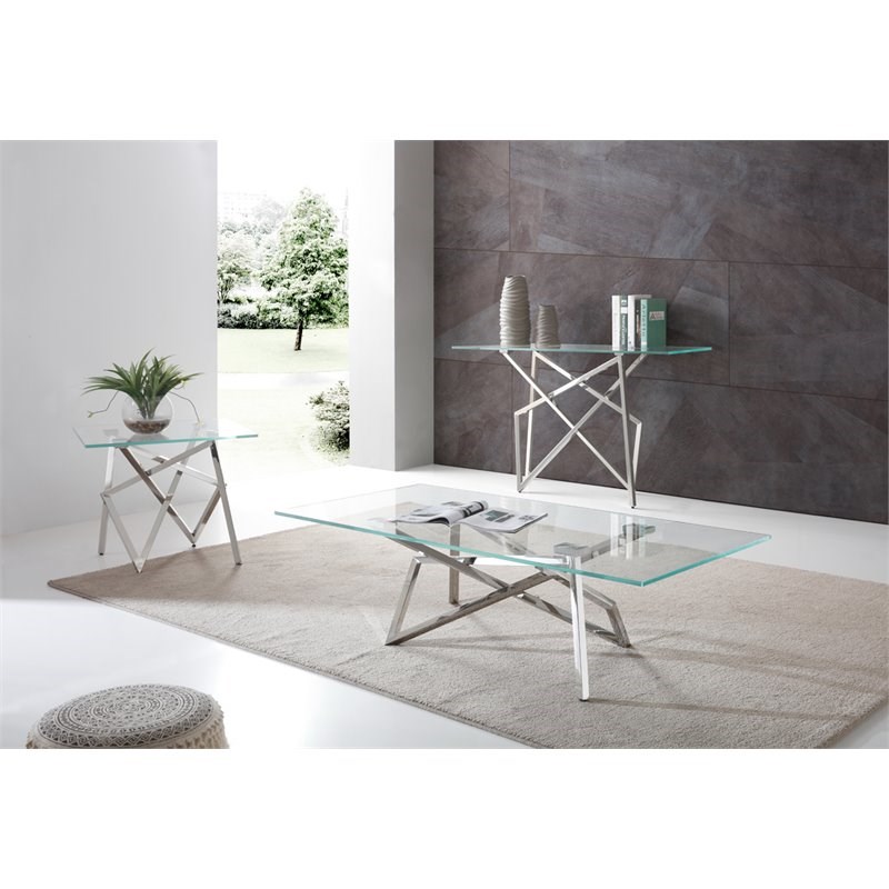 Pemberly Row Modern Stainless Steel & Glass Console Table in Silver/Clear