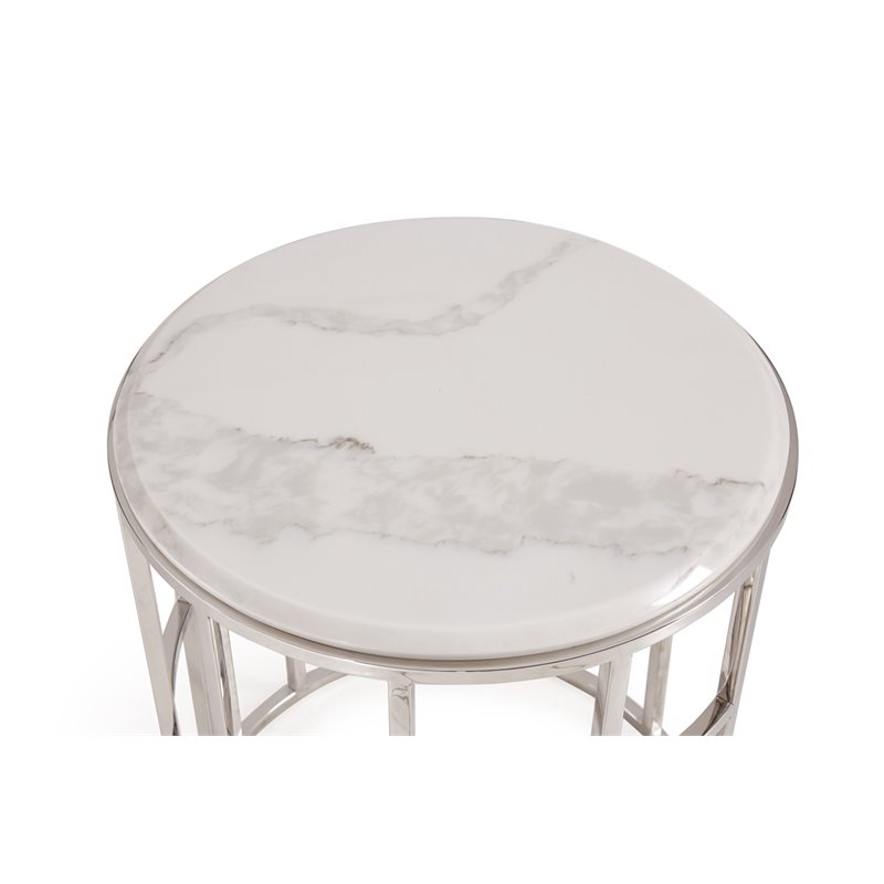 Pemberly Row Silvan Modern Stainless Steel & Marble End Table in White