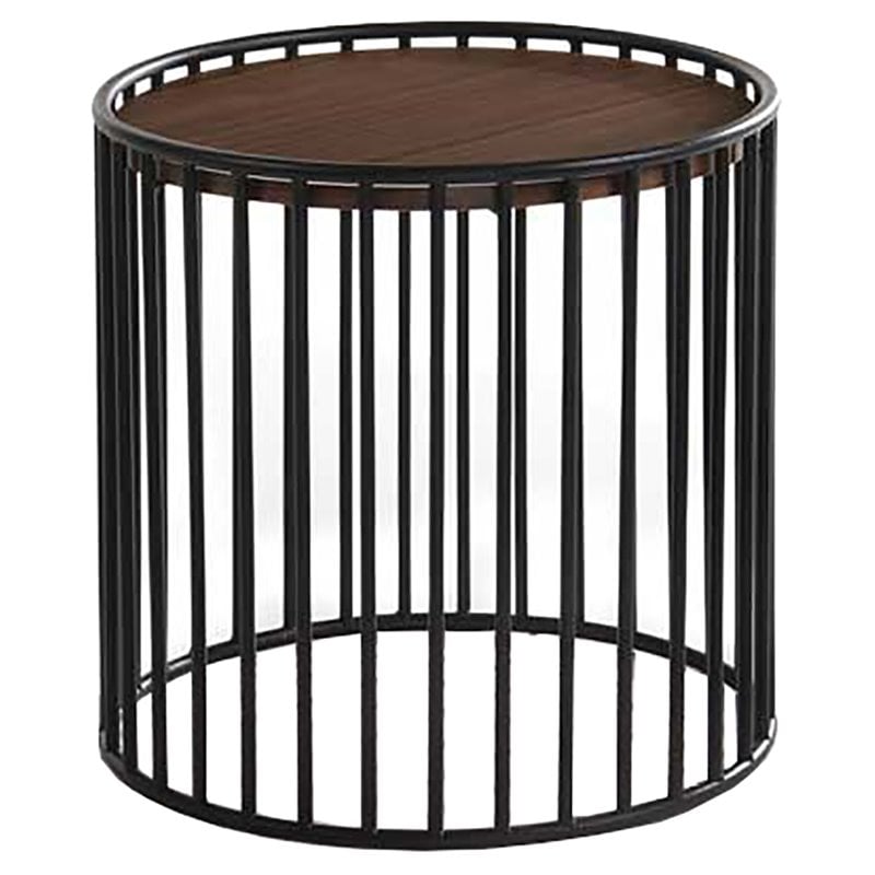 Pemberly Row Round Modern Metal & Veneer End Table in Walnut/Black