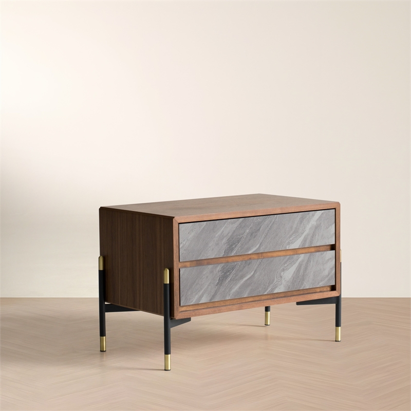 Pemberly Row 2-Drawer Mid-Century Wood Nightstand in Walnut/Gray