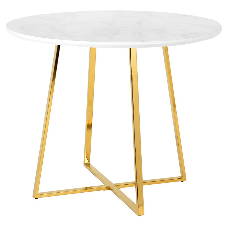 Pemberly Row Round Modern Faux Marble & Metal Dining Table in Gold/White