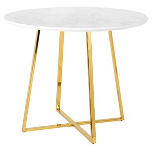 Pemberly Row Round Modern Faux Marble & Metal Dining Table in Gold/White