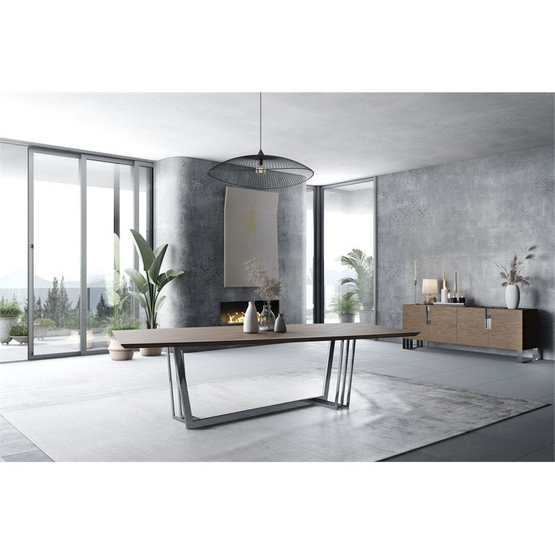 Pemberly Row Modern Stainless Steel & Wood Dining Table in Walnut