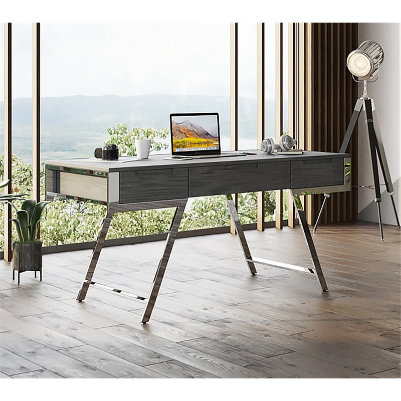 Pemberly Row 3-Drawer Modern Veneer & Stainless Steel Desk in Elm Gray