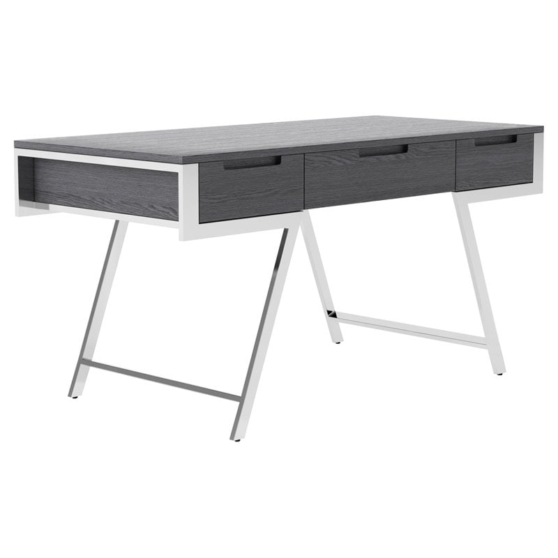 Pemberly Row 3-Drawer Modern Veneer & Stainless Steel Desk in Elm Gray