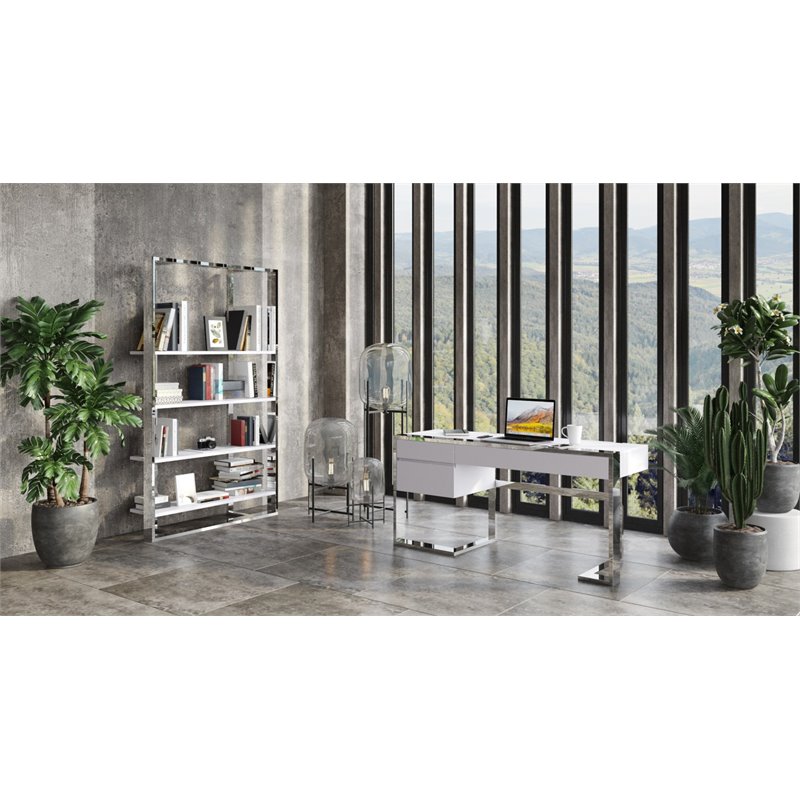 Pemberly Row 3-Drawer Modern Stainless Steel & MDF Wood Desk in White