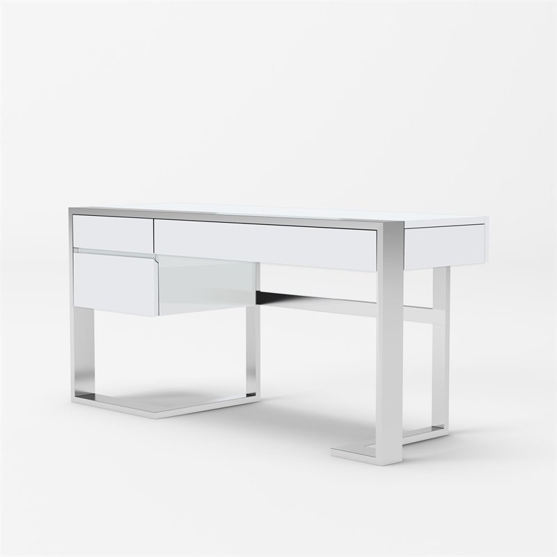 Pemberly Row 3-Drawer Modern Stainless Steel & MDF Wood Desk in White