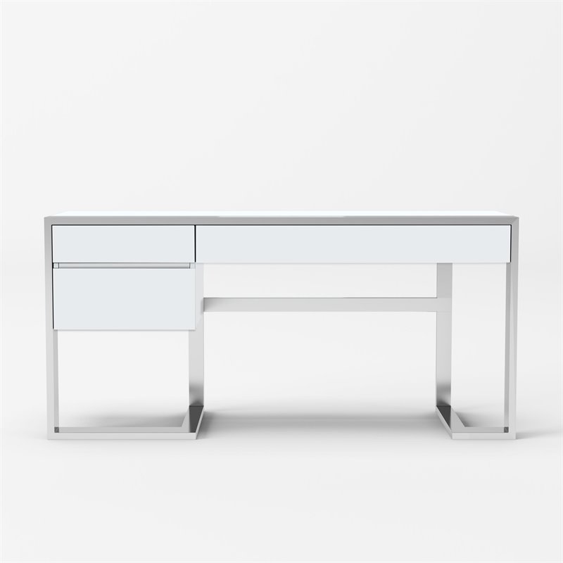 Pemberly Row 3-Drawer Modern Stainless Steel & MDF Wood Desk in White
