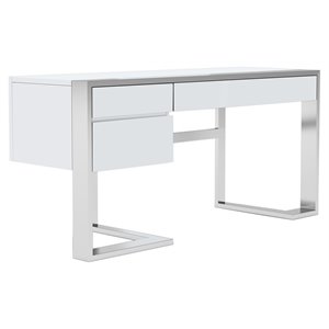 Pemberly Row 3-Drawer Modern Stainless Steel & MDF Wood Desk in White
