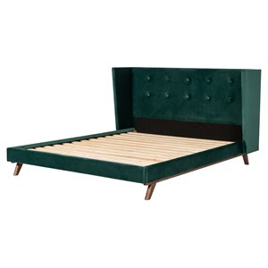 Pemberly Row 69x88&quot Modern Fabric Upholstered Queen Bed in Green/Walnut