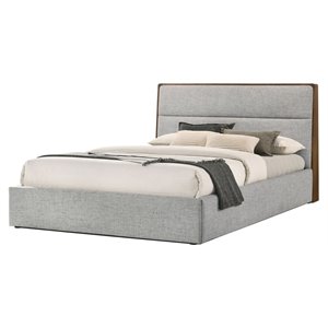 Pemberly Row 66.3x89.65&quot Rubber Wood & Fabric Queen Bed in Walnut/Gray