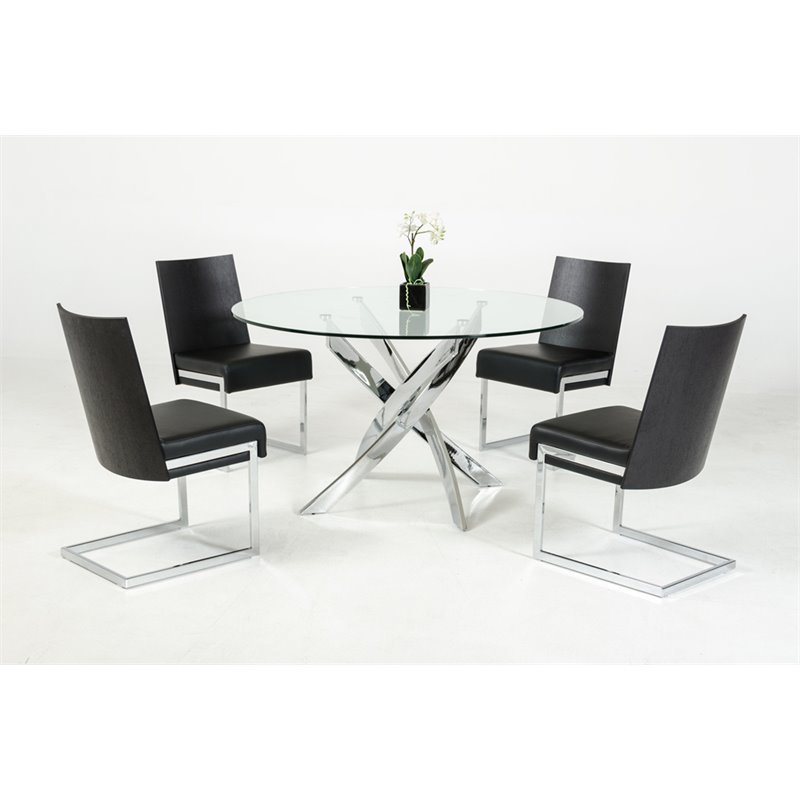 Pemberly Row Round Modern Metal & Glass Dining Table in Silver/Clear
