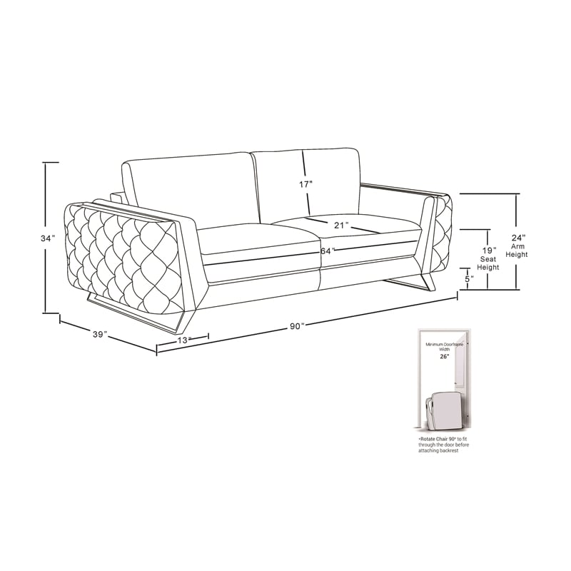 Pemberly Row Modern Genuine Italian Leather Upholstered Sofa