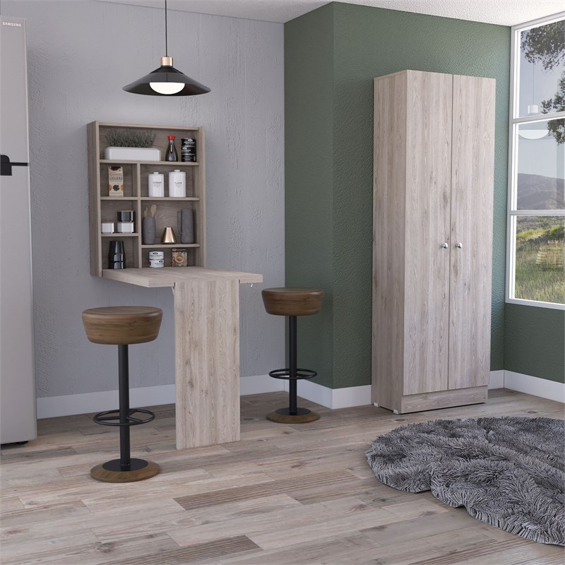 Pemberly Row 2 Piece Kitchen Set Kitchen Pantry and Floating Table in Light Gray